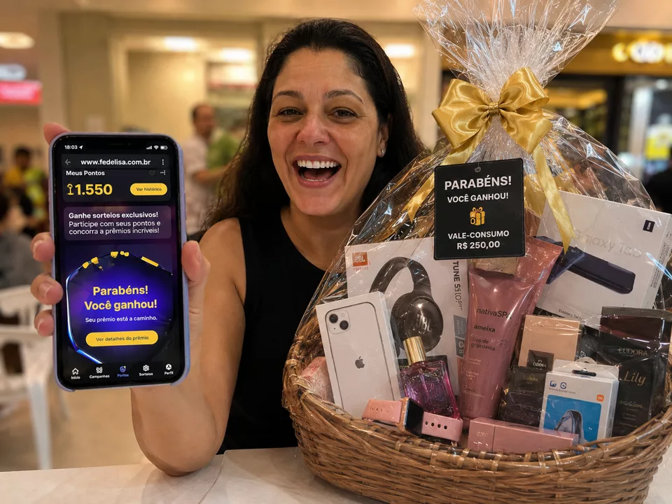 Cliente comemorando com o celular mostrando os pontos e a cesta de prêmios que ganhou